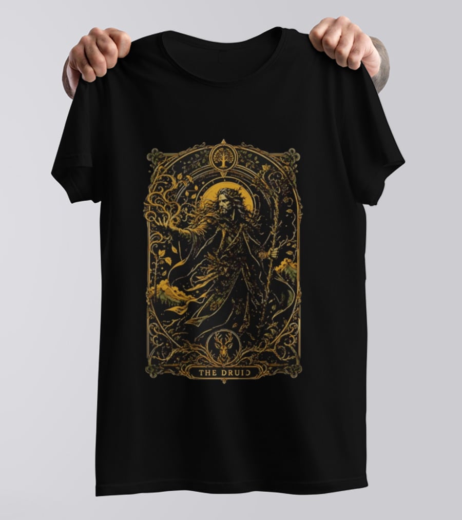 The Druid Fantasy Forest Magic Celtic Mystical Enchantment With Stag And Staff T-Shirt