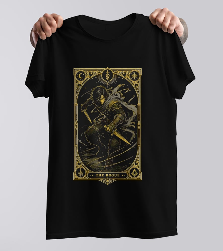 The Rogue Fantasy Tarot Card Dungeons And Dragons Moon Daggers Cloak T-Shirt