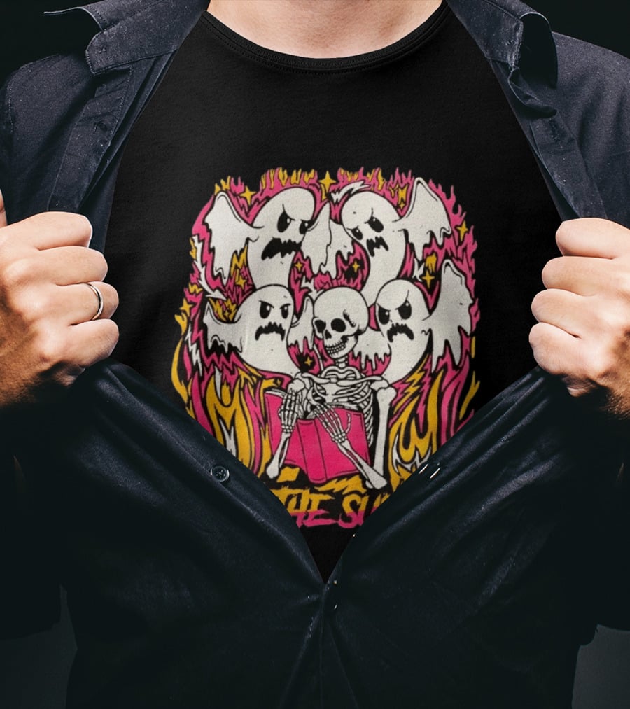 When The Sun Sets Ghost And Skeleton Illustration With Vibrant Pink And Yellow Flames T-Shirt