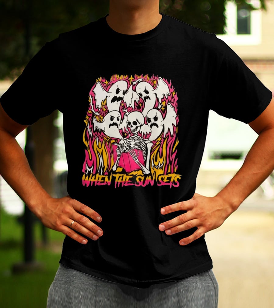 When The Sun Sets Ghost And Skeleton Illustration With Vibrant Pink And Yellow Flames T-Shirt