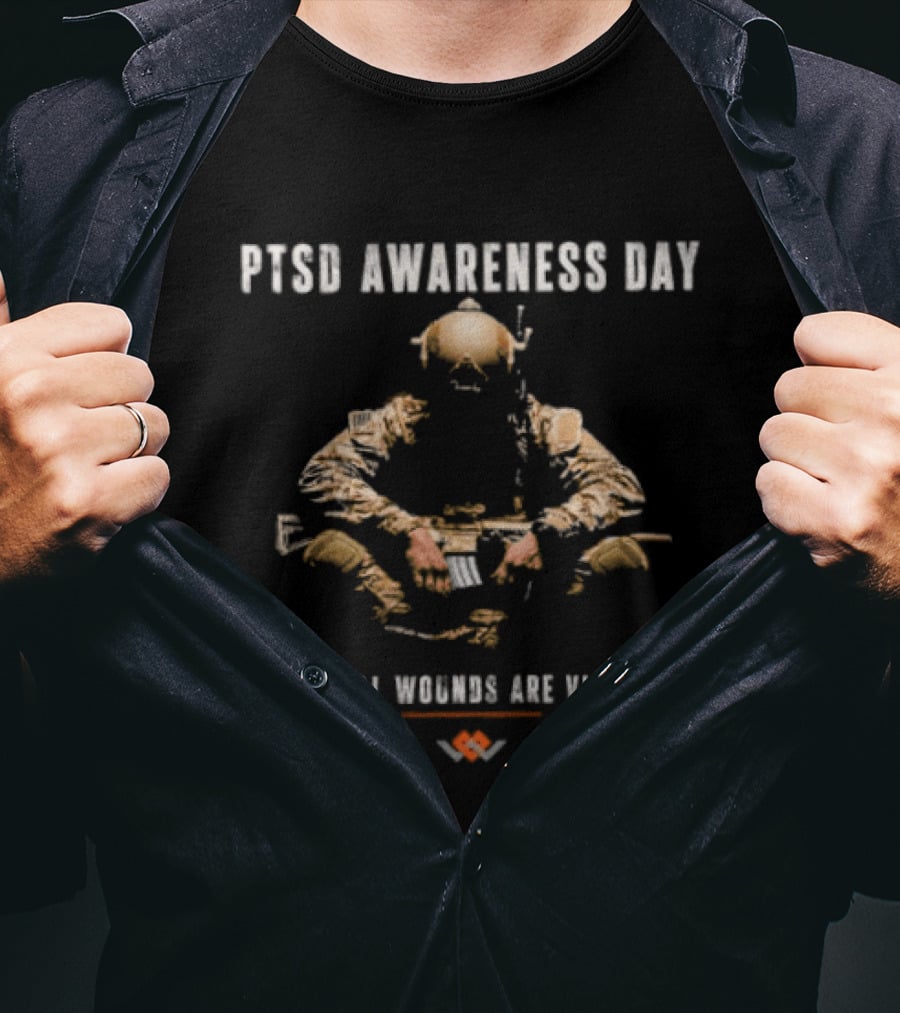 PTSD Awareness Day Not All Wounds Are Visible Soldier Silhouette And Heart Healing Hands T-Shirt