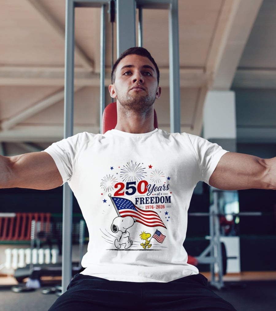 Snoopy Woodstock 250 Years Of Freedom 1776 2026 American Flag Fireworks Independence T-Shirt