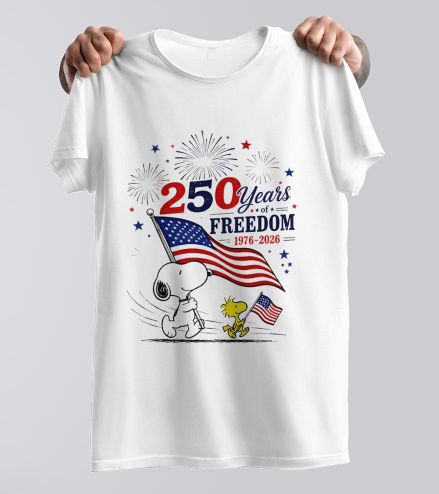 Snoopy Woodstock 250 Years Of Freedom 1776 2026 American Flag Fireworks Independence T-Shirt