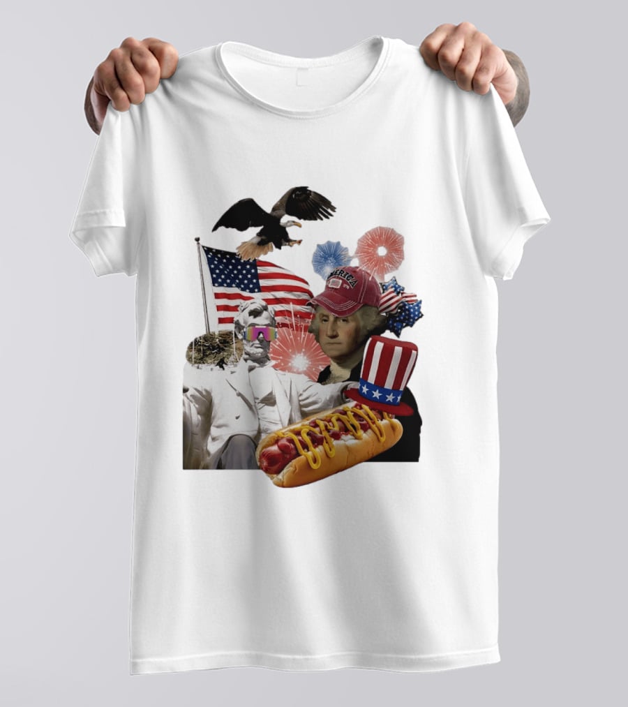 Merica Abraham Lincoln George Washington Hot Dog Eagle Fireworks Patriotic Celebration T-Shirt