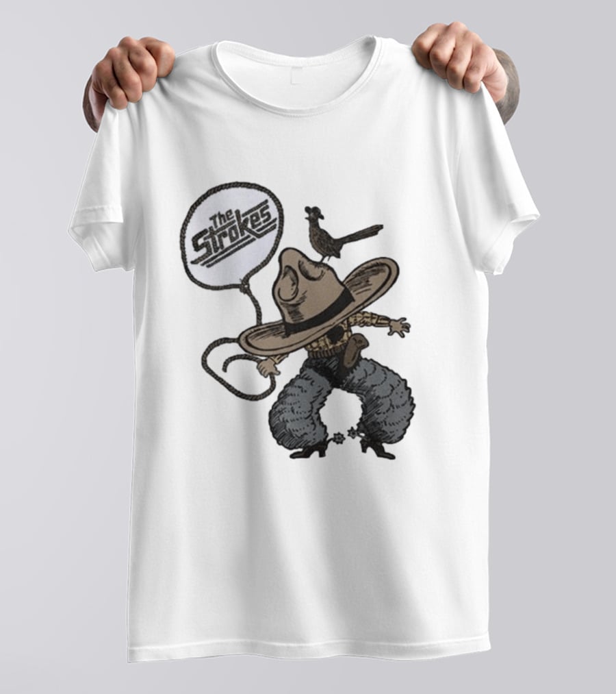 The Strokes Tour 2026 Illustrated Cowboy Holding Lasso With Bird And Cowboy Hat T-Shirt