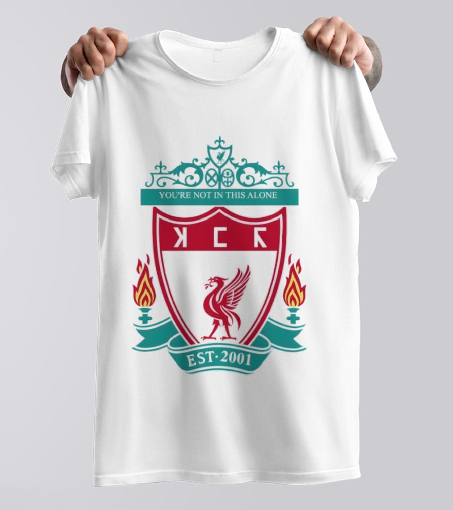 You're Not In This Alone Est 2001 Liverpool KFC Parody Crest With Liver Bird And Eternal Flames T-Shirt