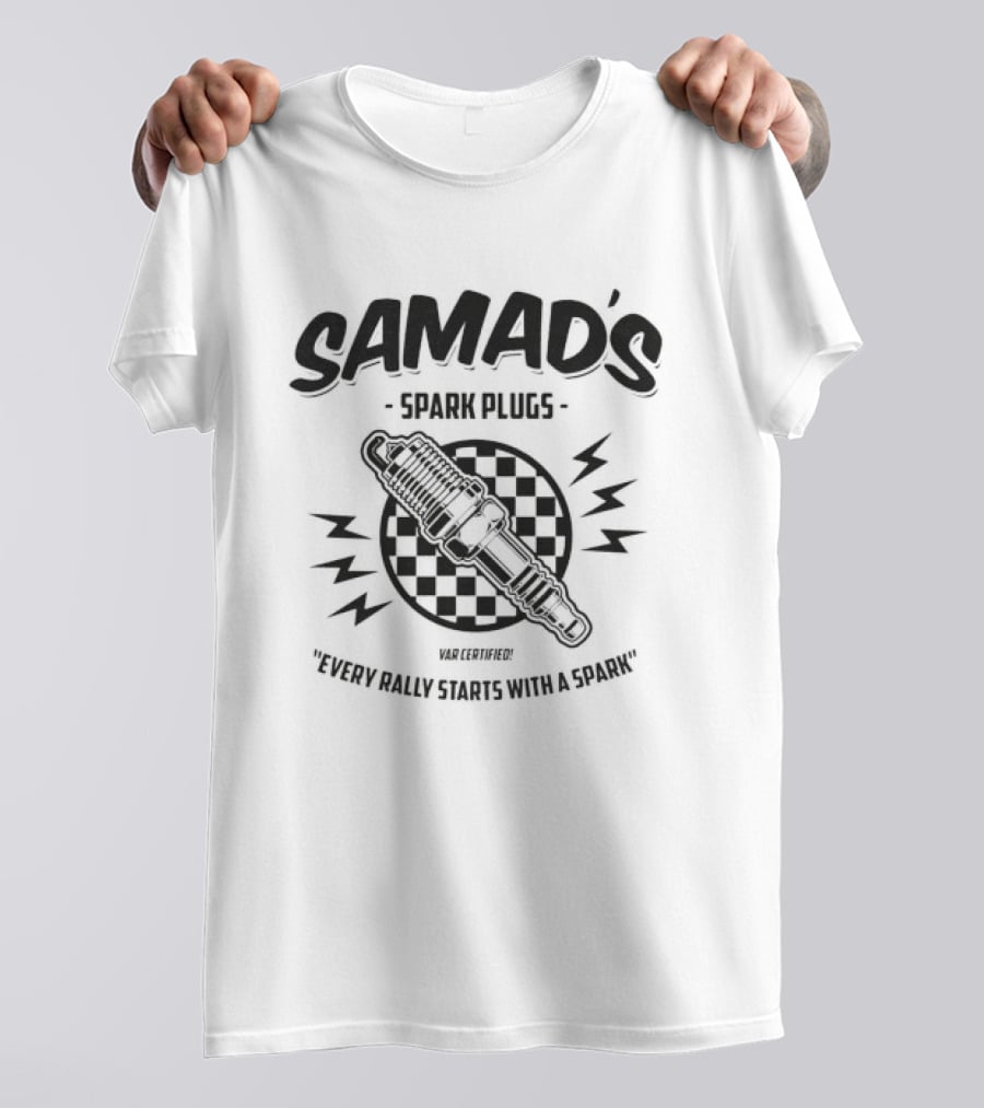 Samad's Spark Plugs Every Rally Starts With A Spark Racing Checkered Spark Plug T-Shirt