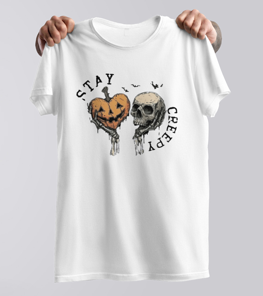Stay Creepy Pumpkin Skull Halloween Spooky Skeleton Hands T-Shirt