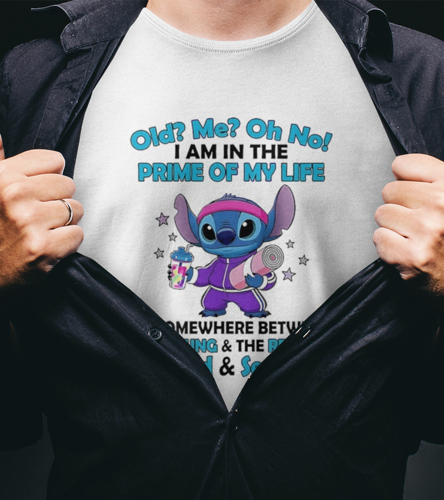 Old Me Oh No I Am In The Prime Of My Life Stitch Somewhere Between Young Restless Old Senseless T-Shirt