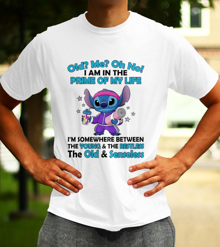 Old Me Oh No I Am In The Prime Of My Life Stitch Somewhere Between Young Restless Old Senseless T-Shirt