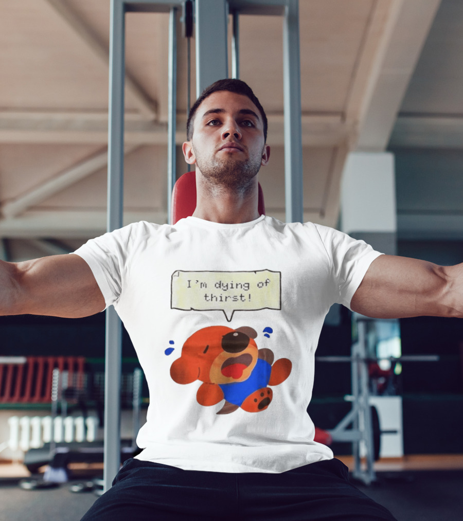 I'm Dying Of Thirst Cartoon Dog In Blue And Red With Speech Bubble T-Shirt