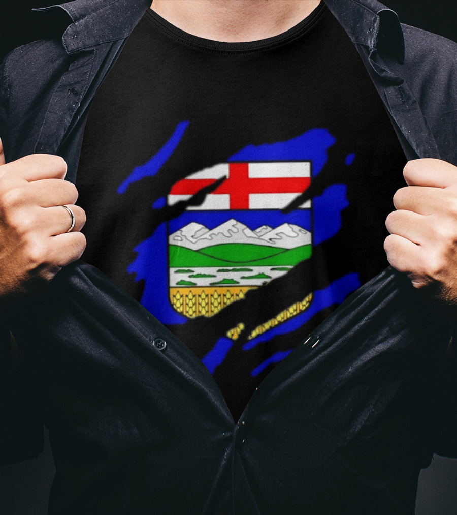 Alberta Coat Of Arms Ripped Effect Canada Flag Emblem Heritage Display T-Shirt