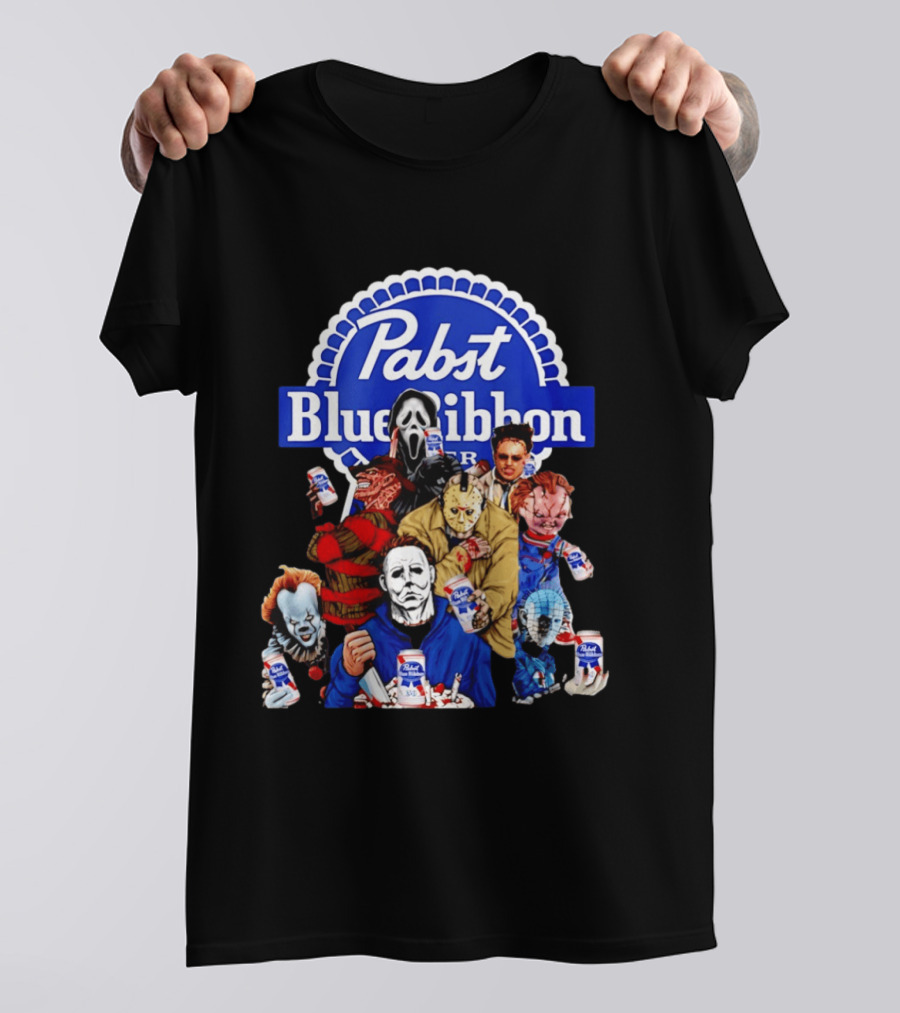 Pabst Blue Ribbon Horror Movie Characters Drinking Beer T-Shirt