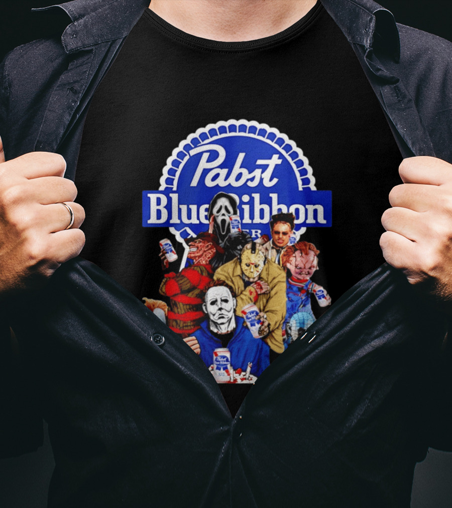 Pabst Blue Ribbon Horror Movie Characters Drinking Beer T-Shirt