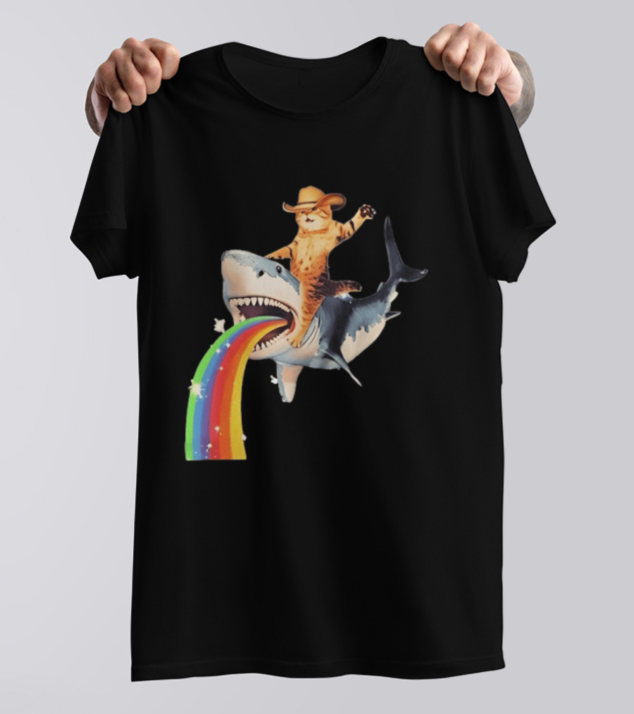Cowboy Cat Riding Shark With Rainbow T-Shirt