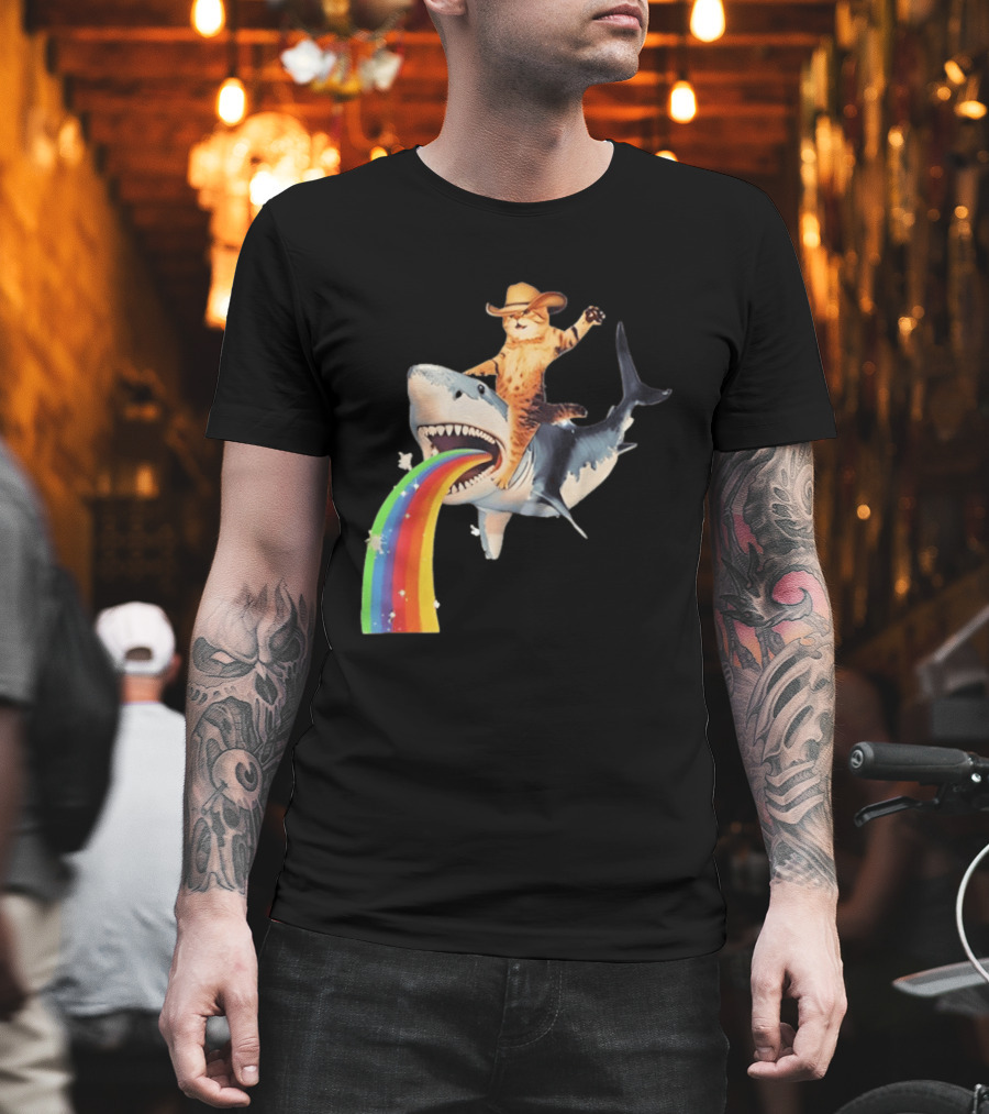Cowboy Cat Riding Shark With Rainbow T-Shirt