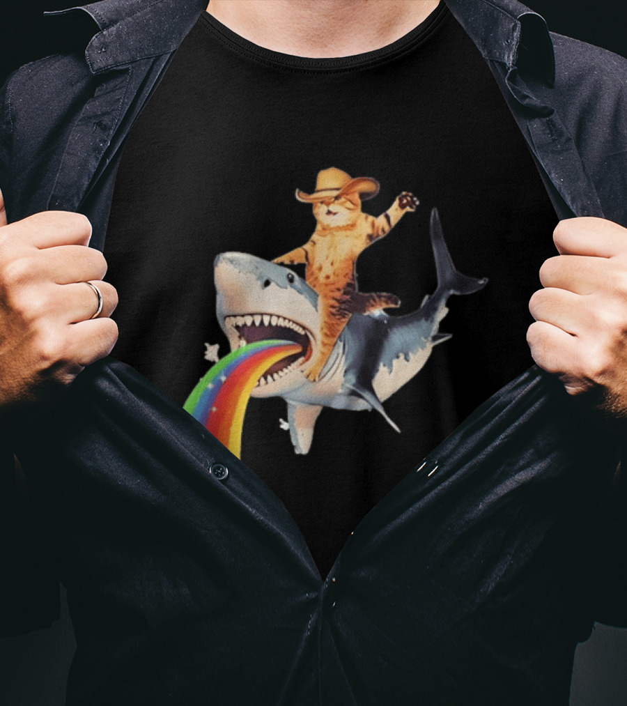 Cowboy Cat Riding Shark With Rainbow T-Shirt