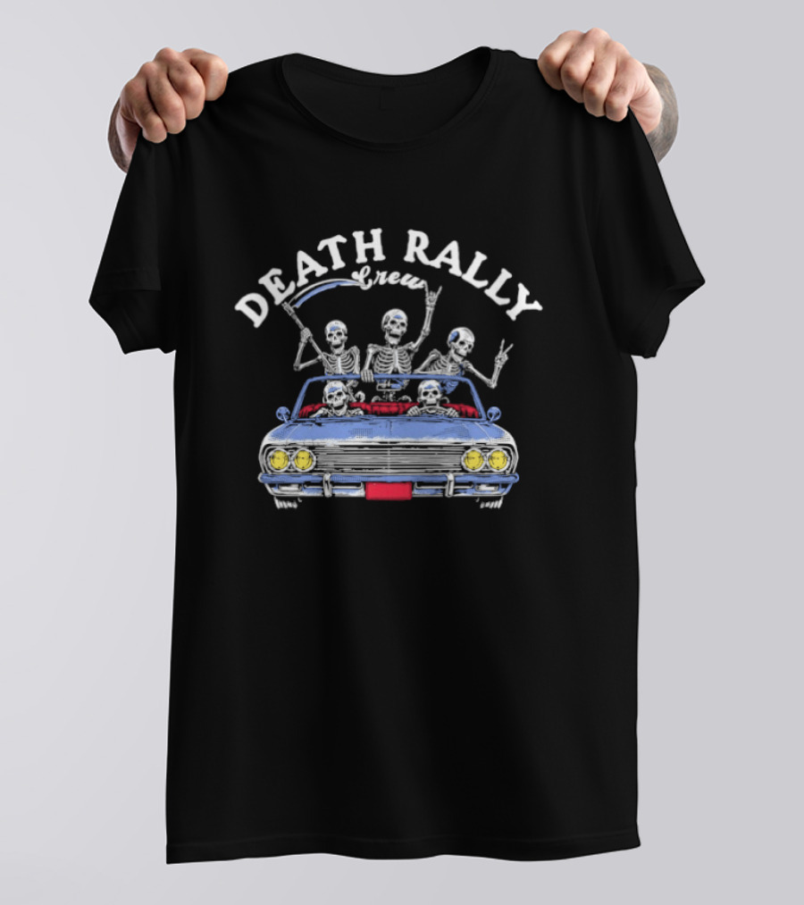 Death Rally Crew Skeletons In Convertible Car With Grim Reaper T-Shirt