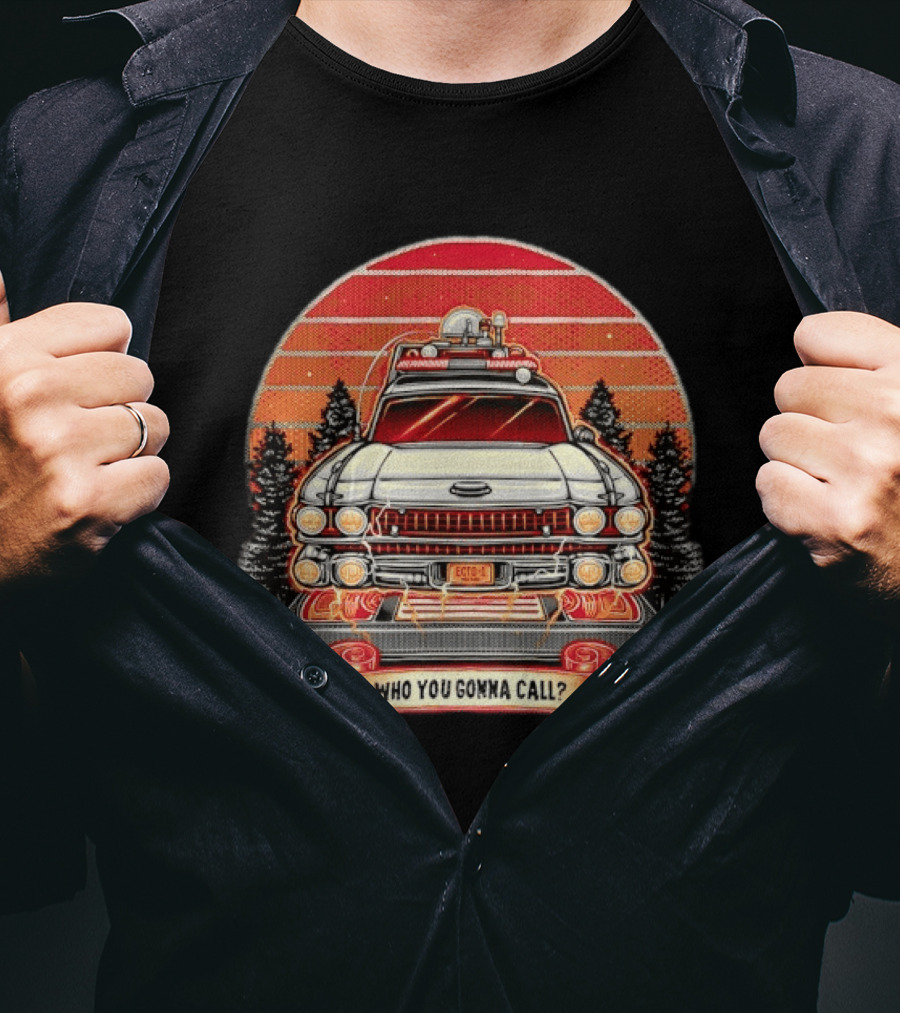 Ecto 1 Who You Gonna Call Ghostbusters Retro Sunset T-Shirt