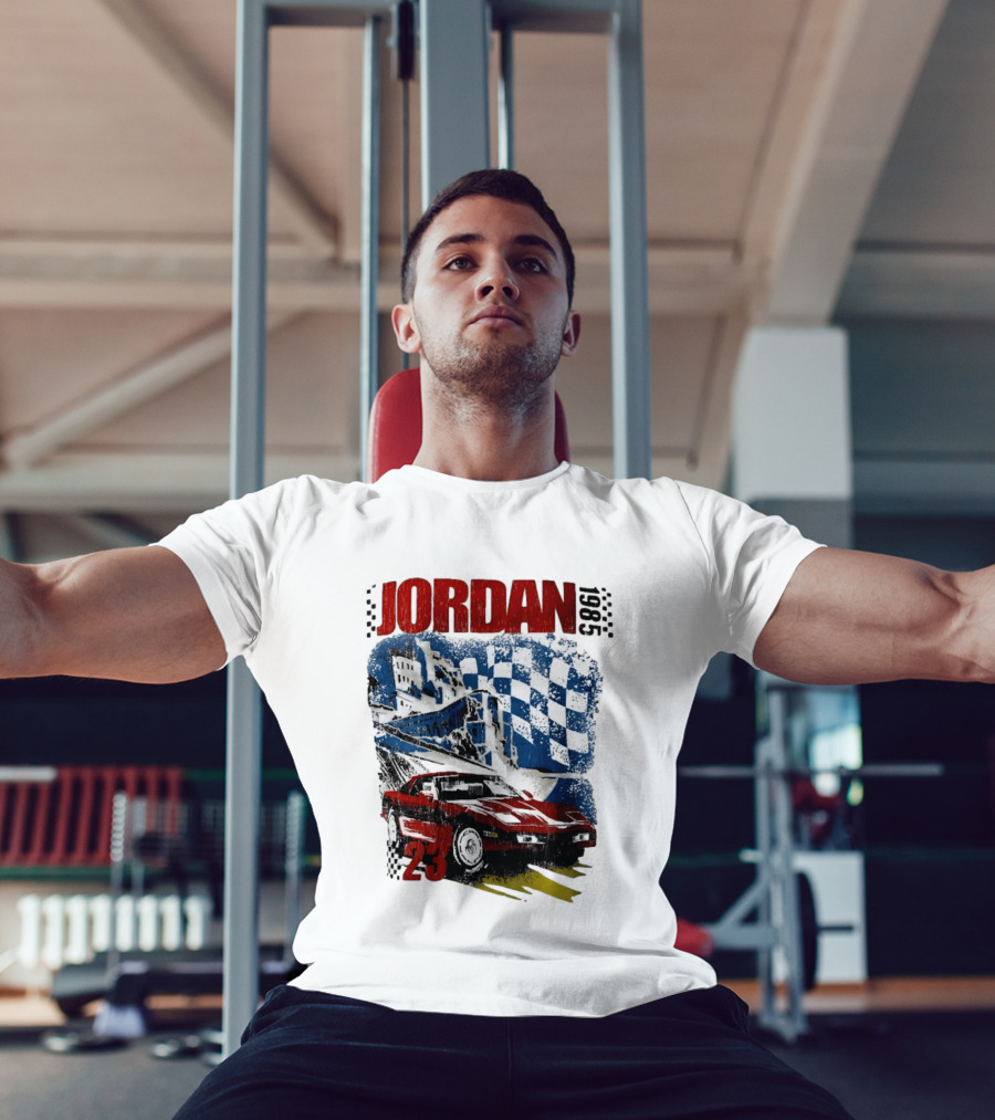Jordan 23 Racing Brooklyn 1985 Checkered Red Sports Car Blue Flag T-Shirt