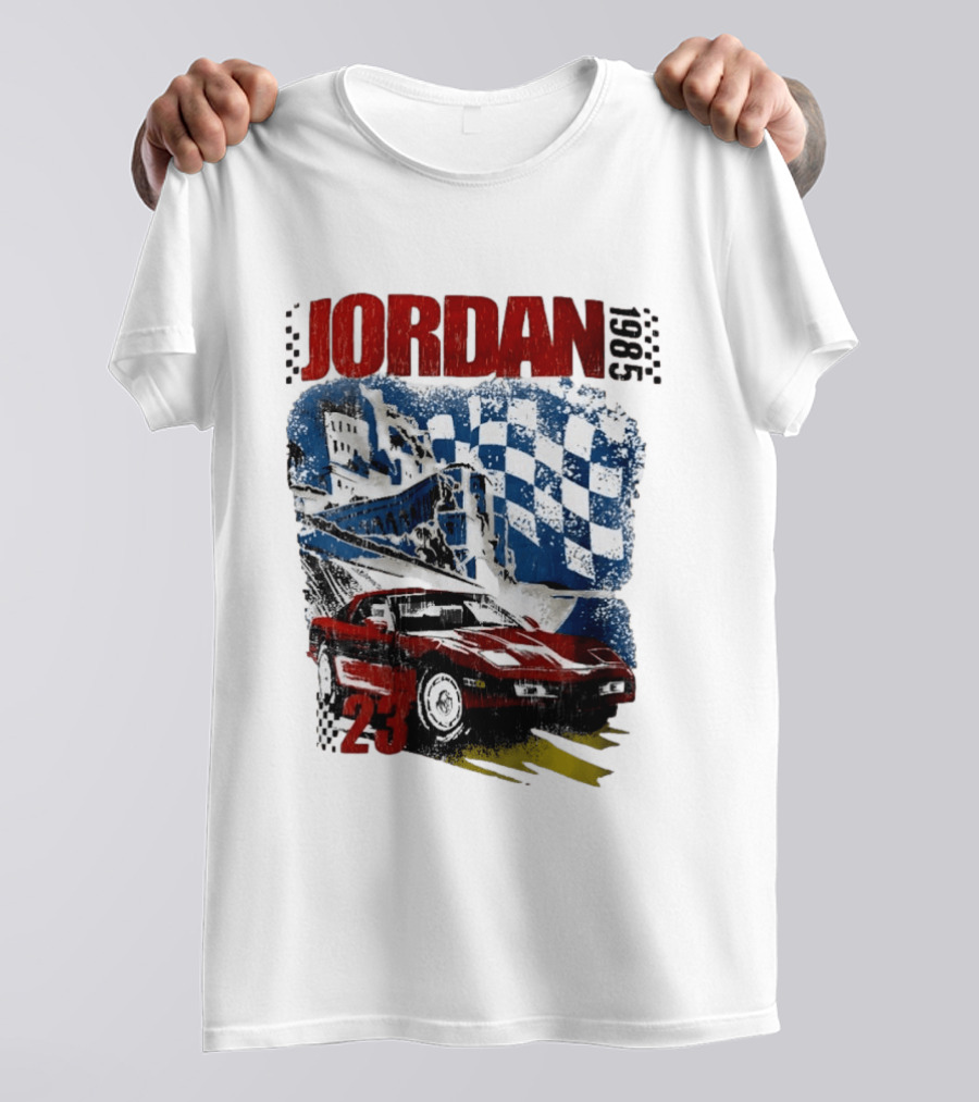 Jordan 23 Racing Brooklyn 1985 Checkered Red Sports Car Blue Flag T-Shirt