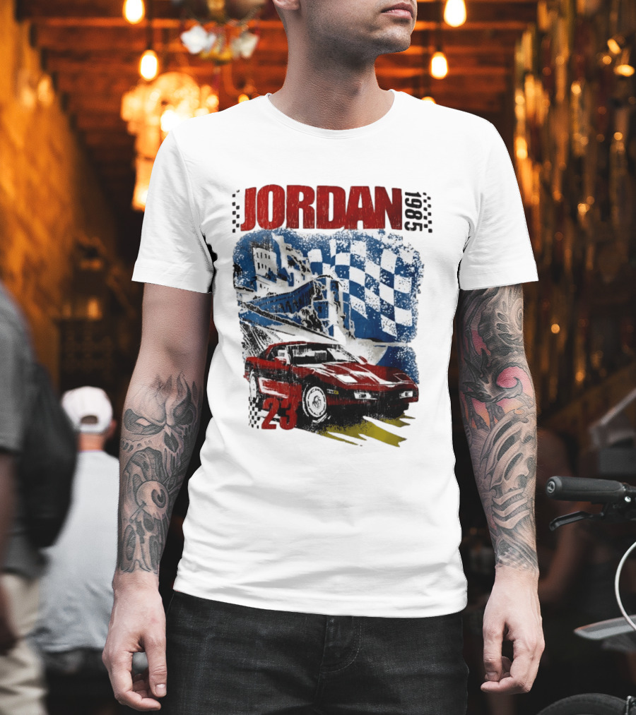 Jordan 23 Racing Brooklyn 1985 Checkered Red Sports Car Blue Flag T-Shirt