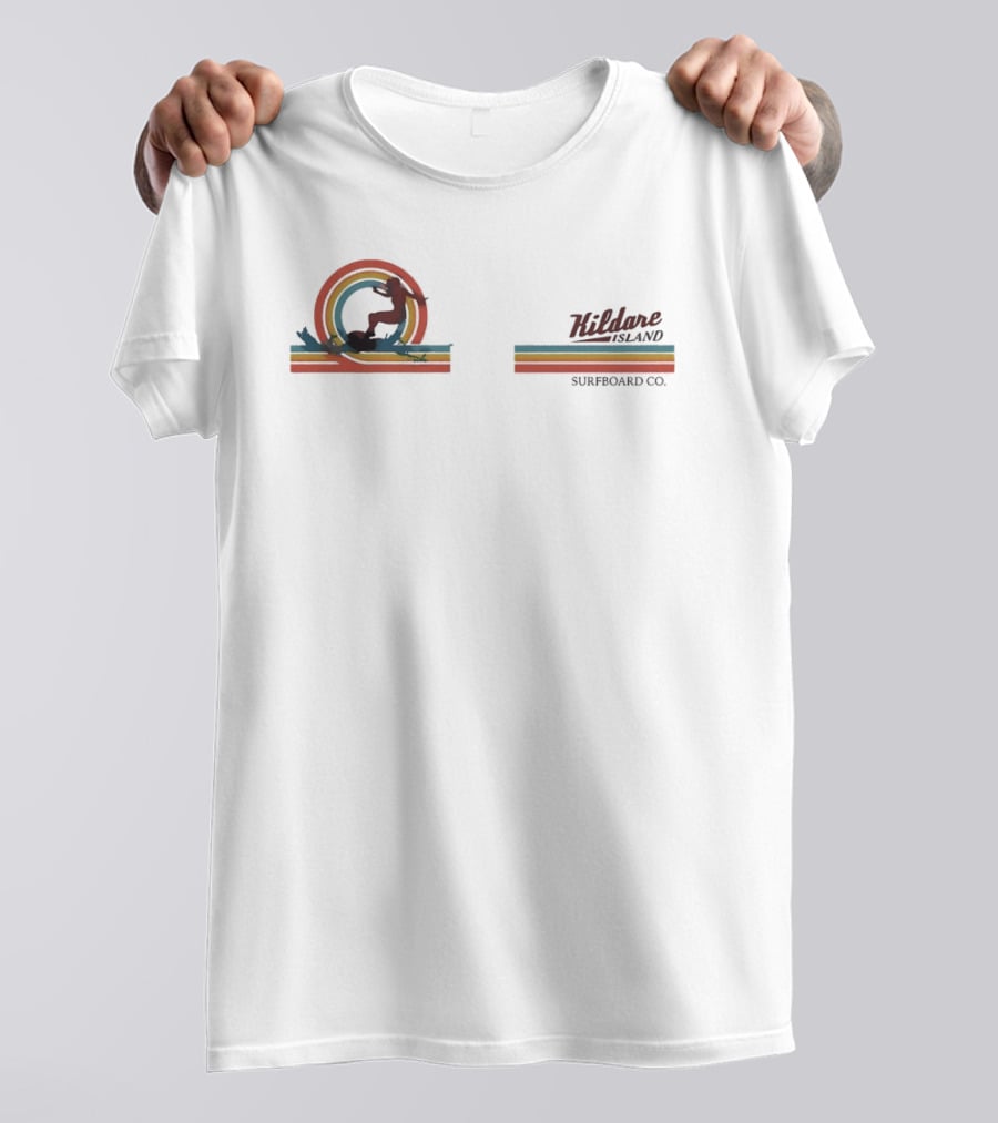 Kildare Island Surfboard Co Surfer With Rainbow Silhouette And Stripes T-Shirt