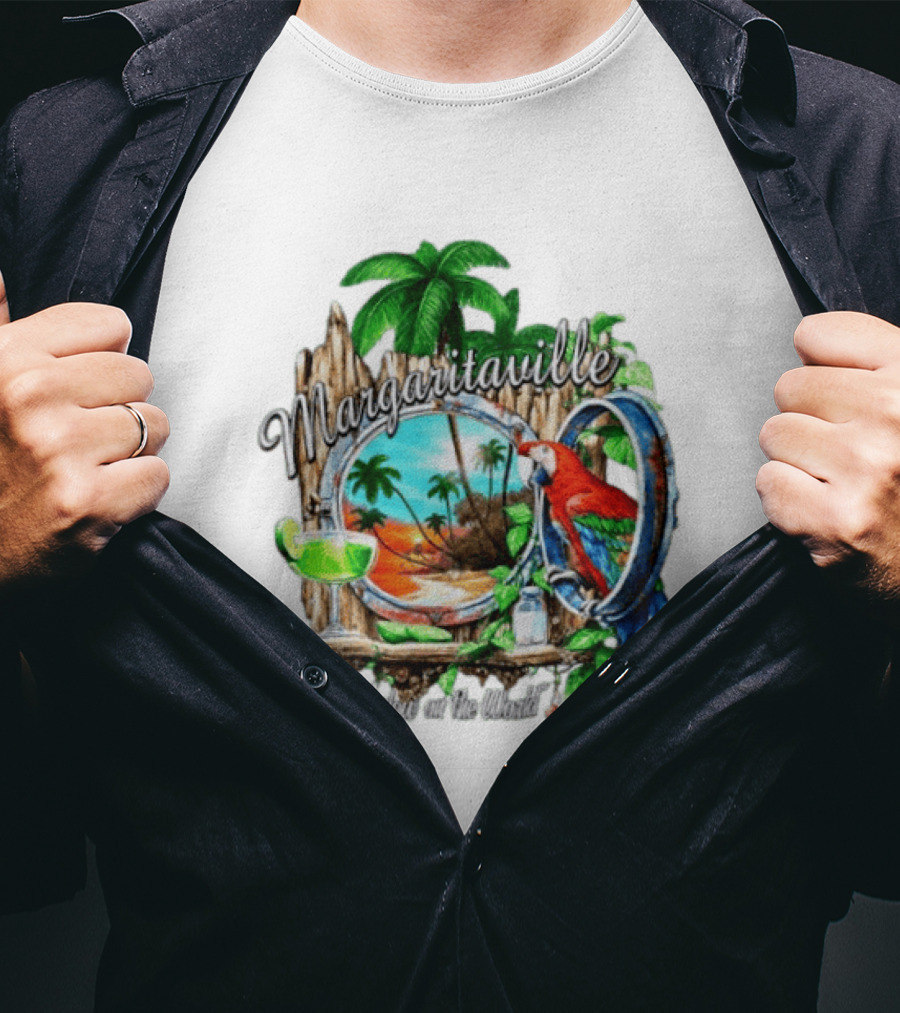 Margaritaville Tropical Parrot Beach Scene Window On The World T-Shirt