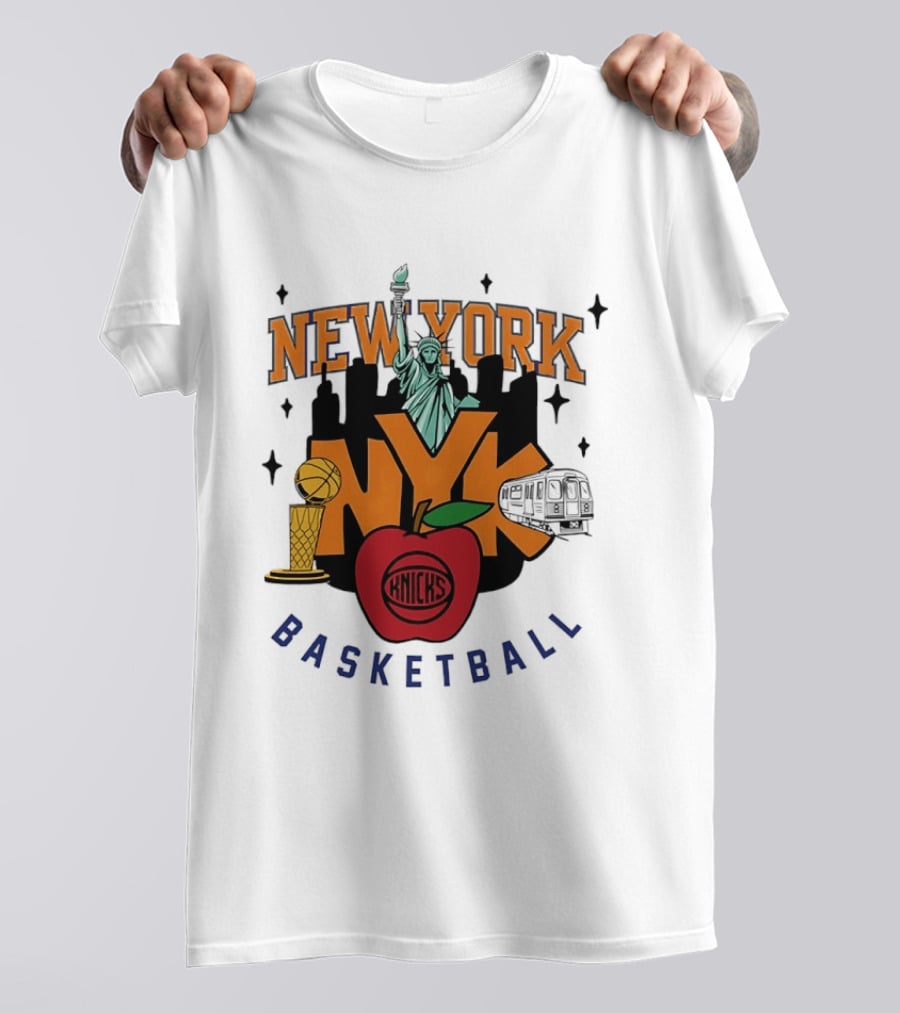 New York Knicks NYK Big Apple Basketball Statue Subway Skyline T-Shirt