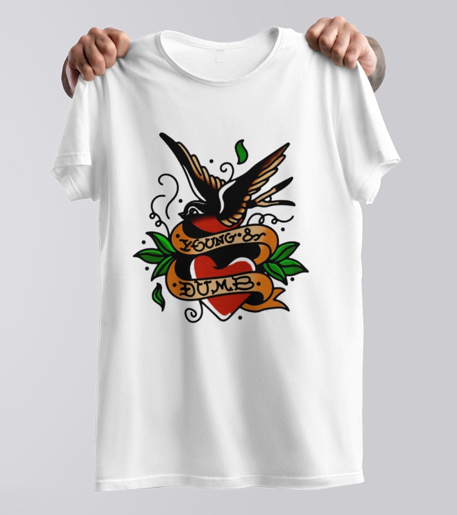 Young And Dumb Swallow Heart Tattoo Vintage Style With Banner And Leaves T-Shirt