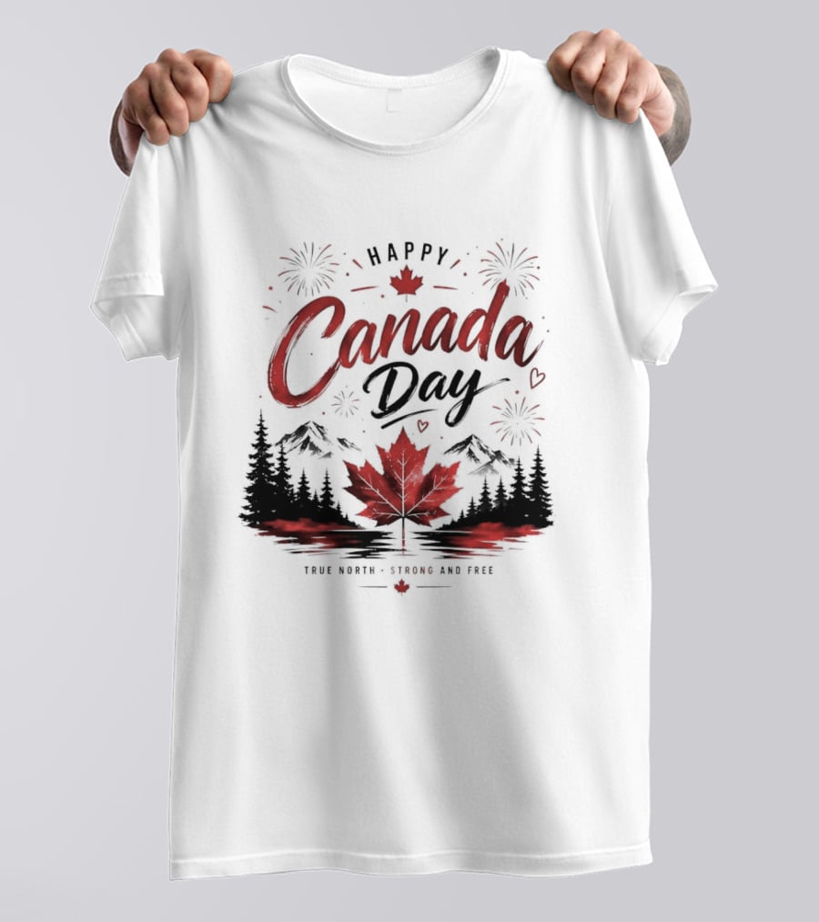 Happy Canada Day True North Strong And Free Maple Leaf Mountains Fireworks T-Shirt
