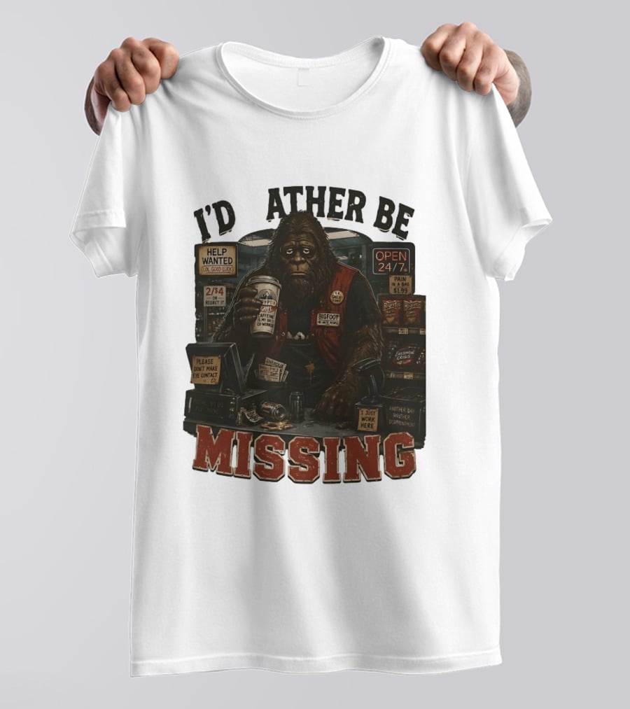 I'd Rather Be Missing Funny Bigfoot Gas Station Clerk Humor T-Shirt