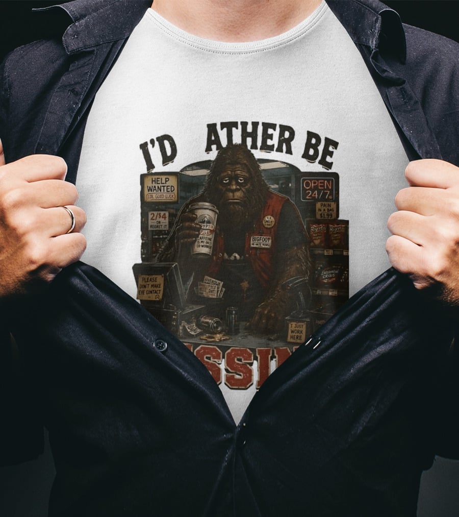 I'd Rather Be Missing Funny Bigfoot Gas Station Clerk Humor T-Shirt