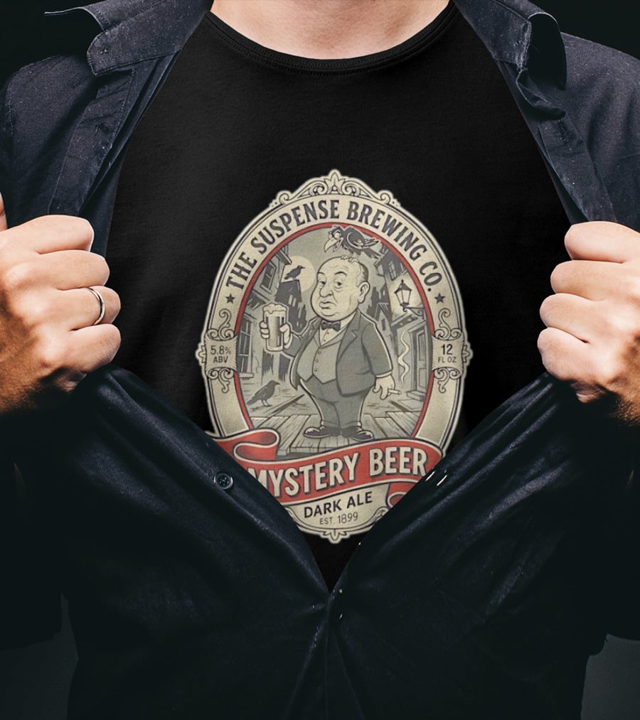 The Suspense Brewing Co Mystery Beer Dark Ale Alfred Hitchcock Est 1899 T-Shirt
