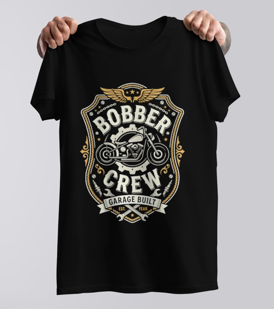 Bobber Crew Garage Built Motorcycle Biker Shield T-Shirt