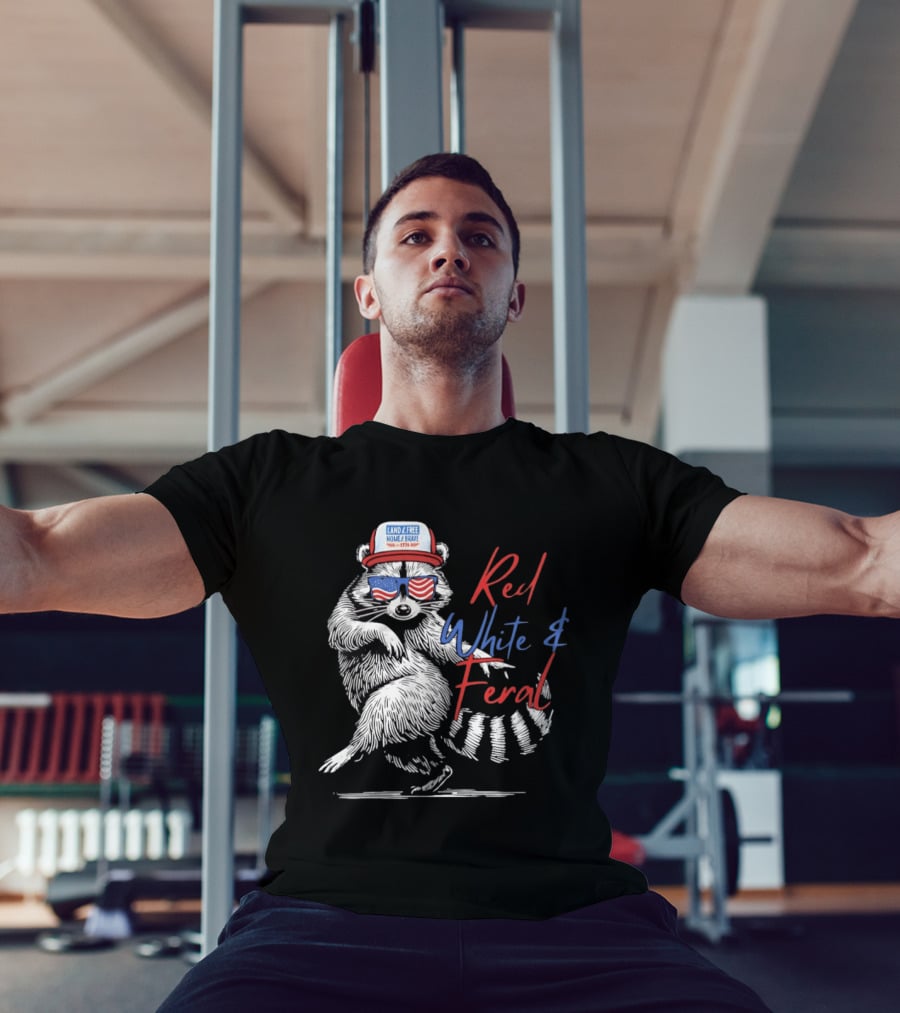 Red White Feral Raccoon Land Of The Free Home Brave 1776 Patriotic USA T-Shirt