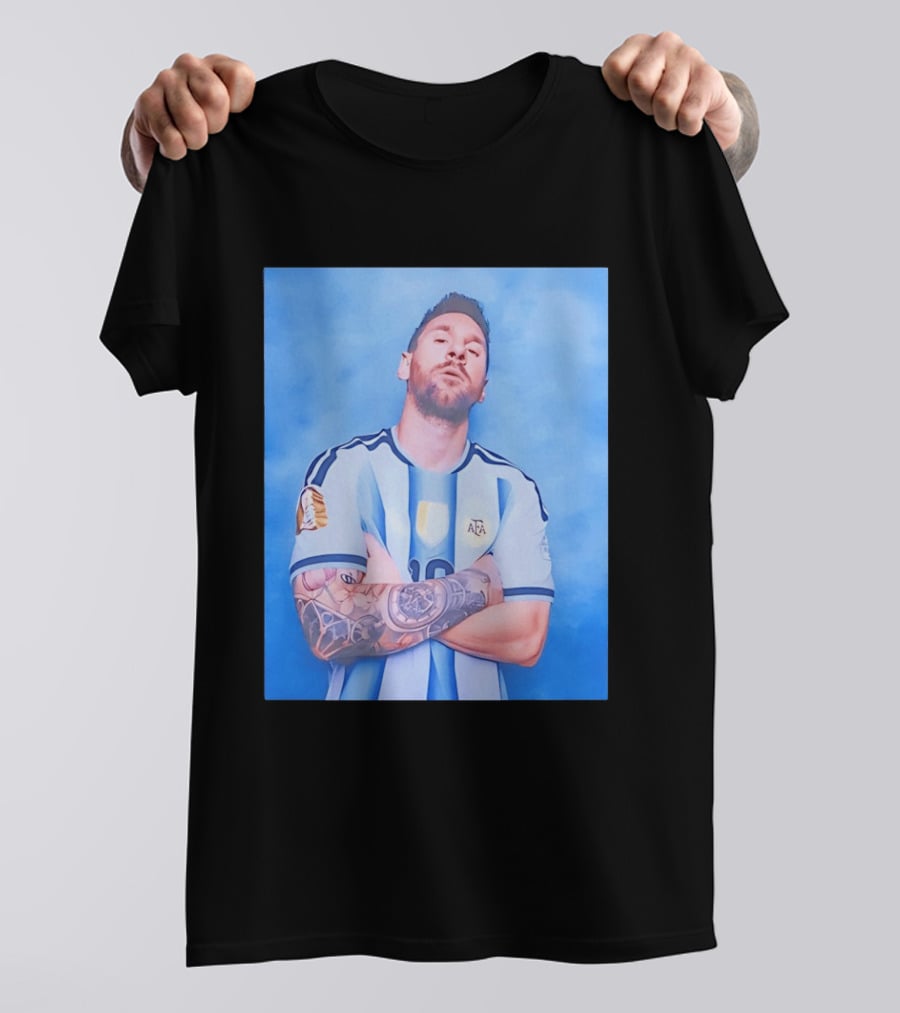Lionel Messi With Argentina National Team Badge In Blue And White Stripes T-Shirt