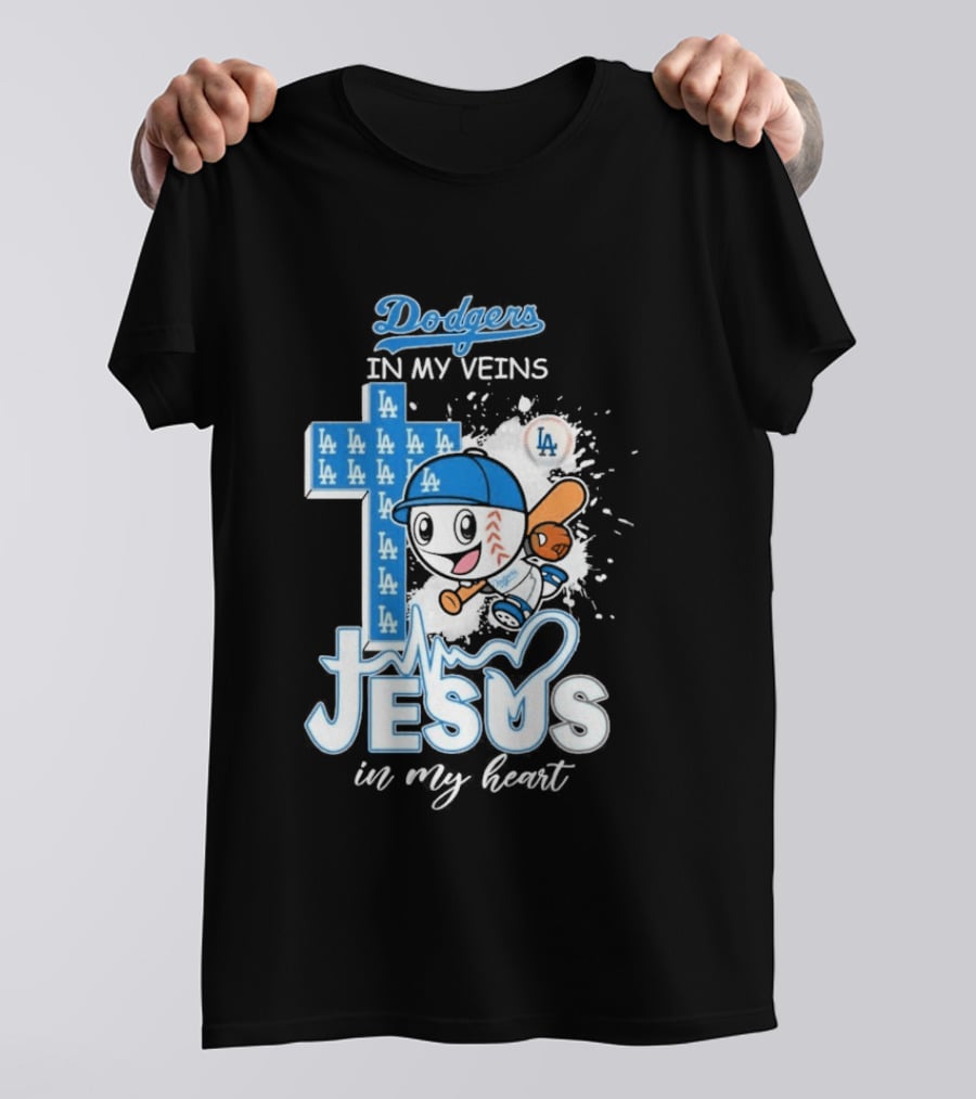 Los Angeles Dodgers In My Veins Jesus In My Heart LA Baseball Cross T-Shirt