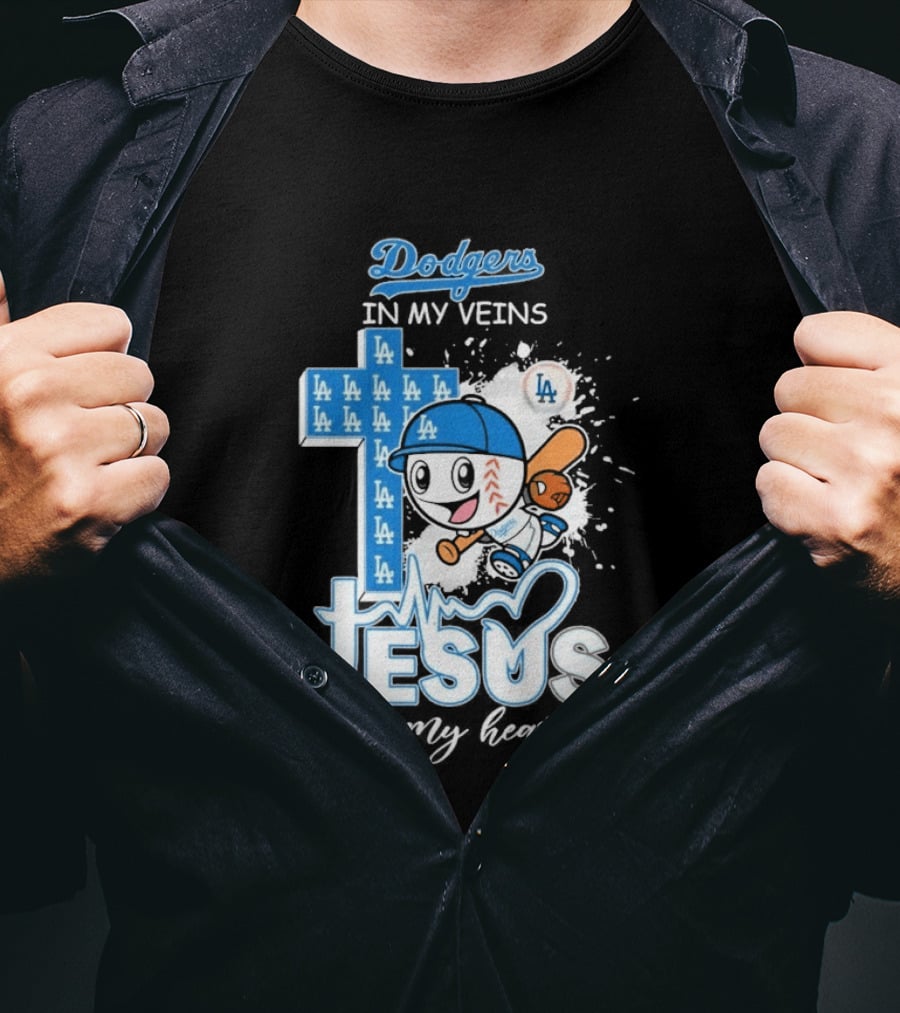 Los Angeles Dodgers In My Veins Jesus In My Heart LA Baseball Cross T-Shirt