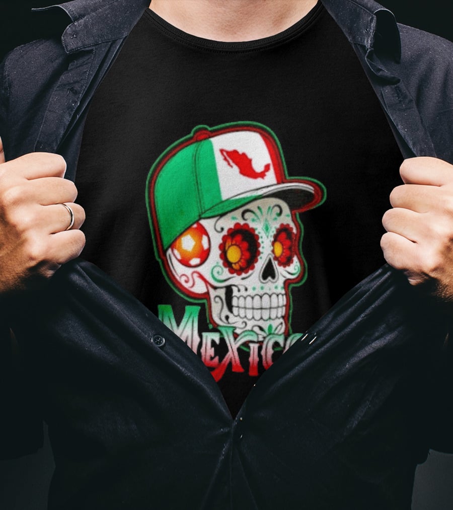 Mexico Sugar Skull Hat Map T-Shirt