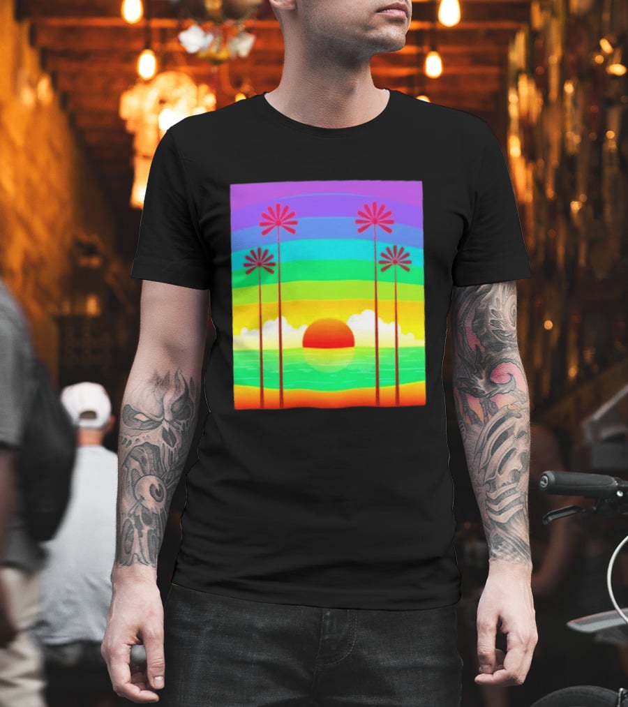 Sunset With Palm Trees And Rainbow Summer Scene T-Shirt