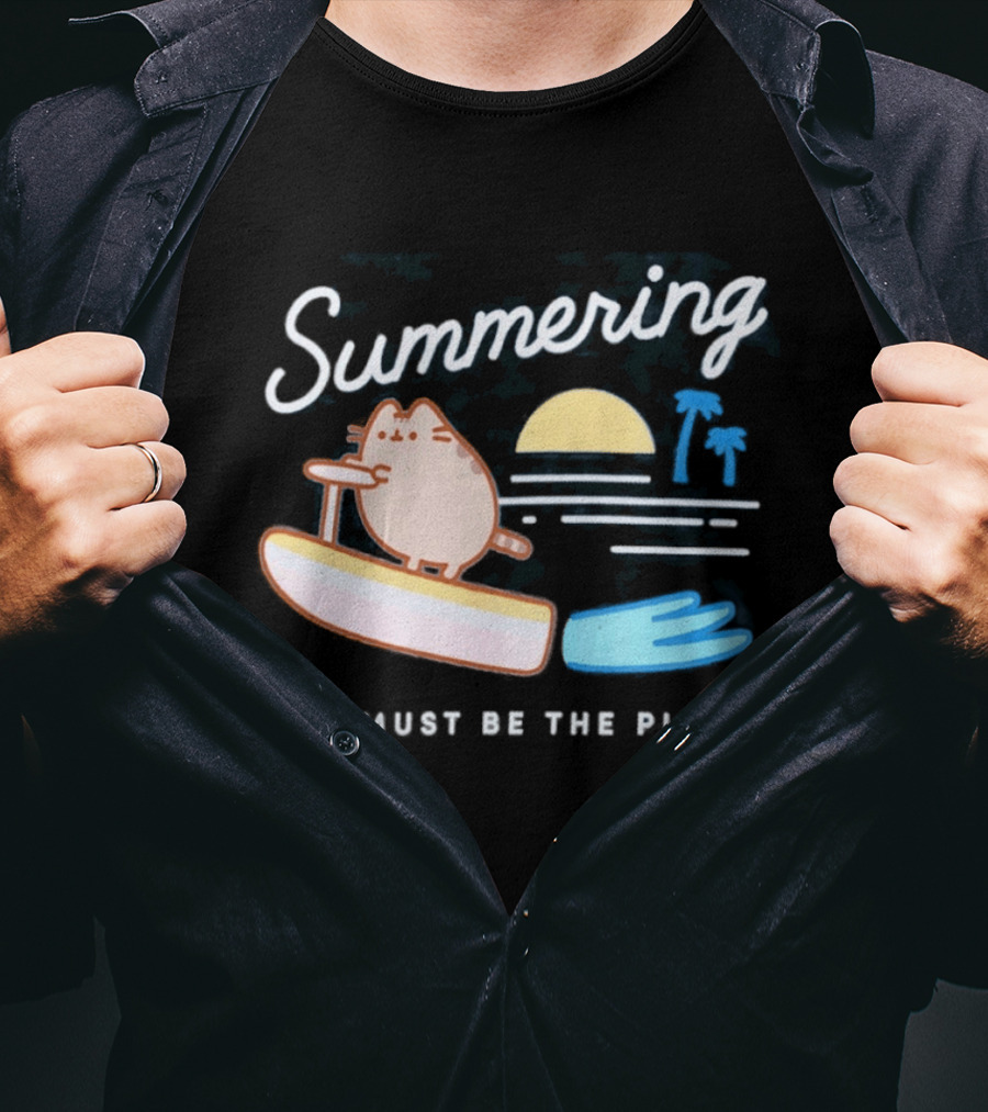 Summering This Must Be The Place Pusheen Surfing Cat Scene T-Shirt
