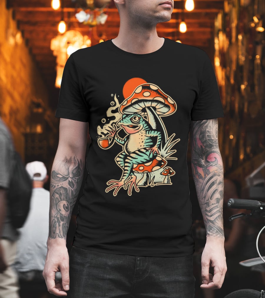 Frog Smoking Pipe Under Mushroom Tattoo T-Shirt