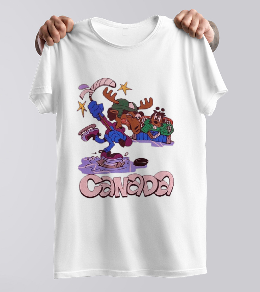Slushy Noobz Canada Hockey Moose Cartoon Ice Rink Scene T-Shirt