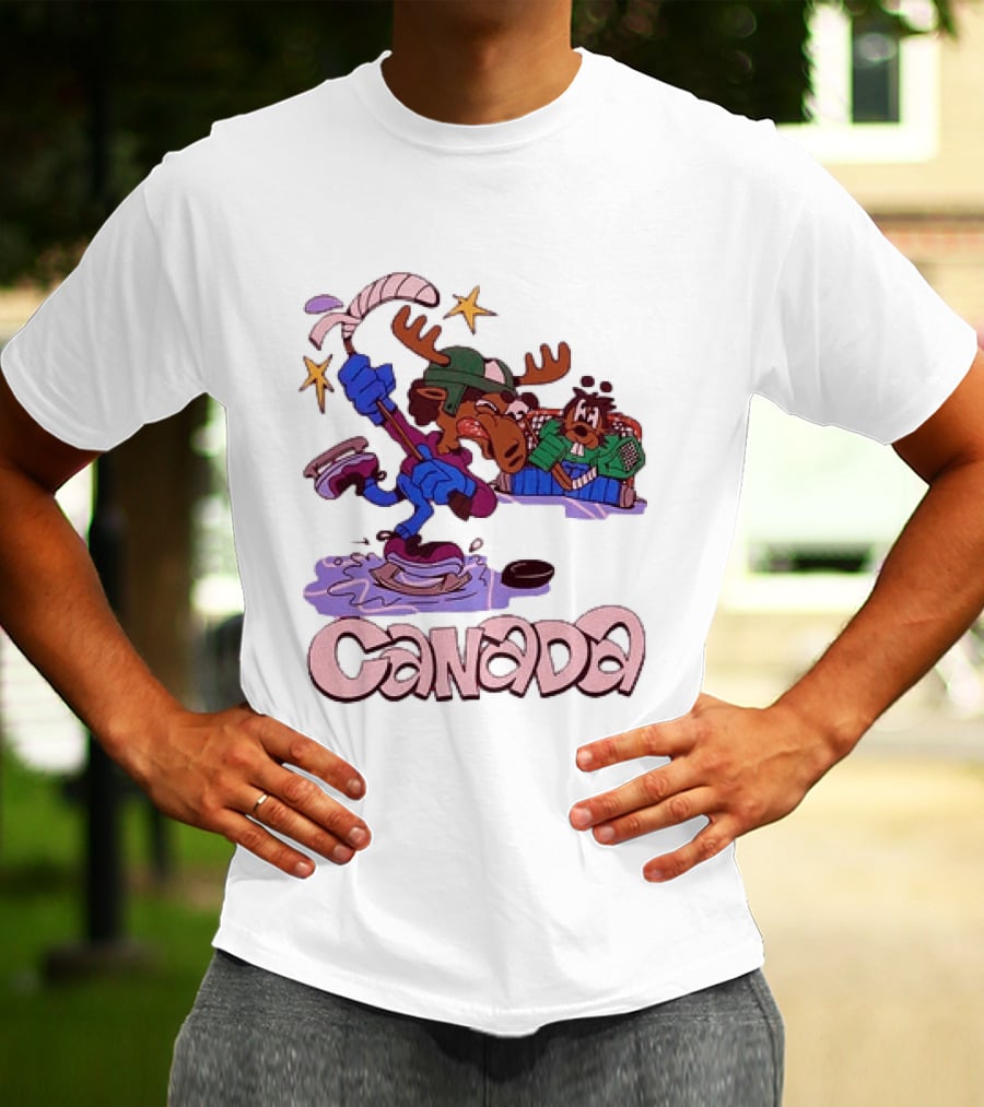 Slushy Noobz Canada Hockey Moose Cartoon Ice Rink Scene T-Shirt