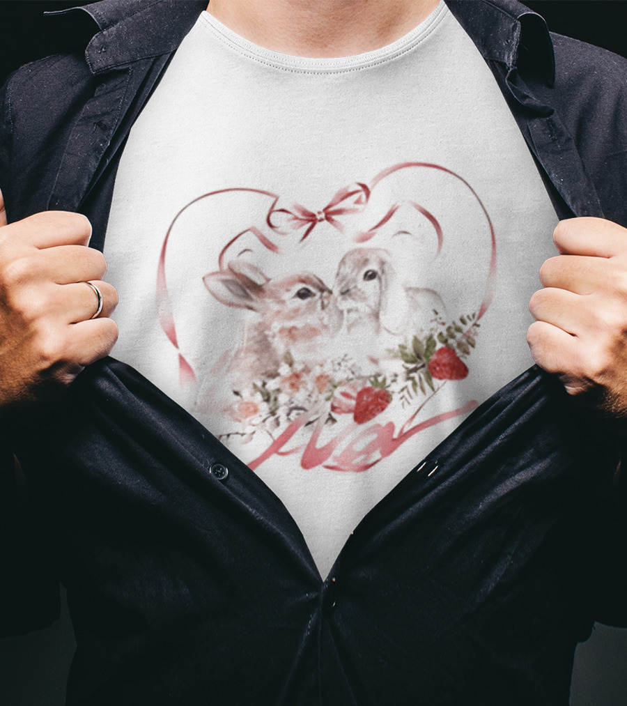 Kissing Rabbits Heart Ribbon Wings Strawberries Cute Love T-Shirt