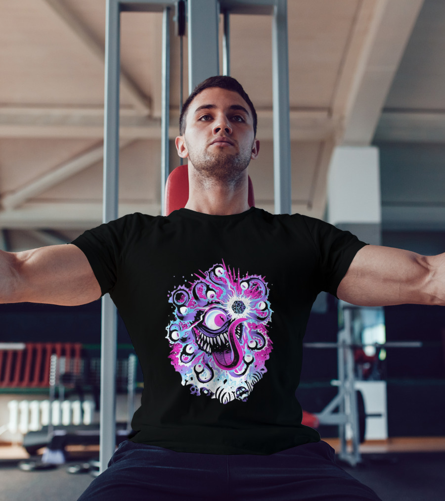 Beholder Dungeons And Dragons Eye Tyrant Illustration With D20 Dice And Psychedelic T-Shirt