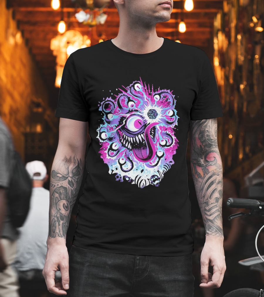 Beholder Dungeons And Dragons Eye Tyrant Illustration With D20 Dice And Psychedelic T-Shirt