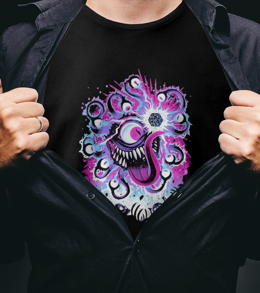Beholder Dungeons And Dragons Eye Tyrant Illustration With D20 Dice And Psychedelic T-Shirt