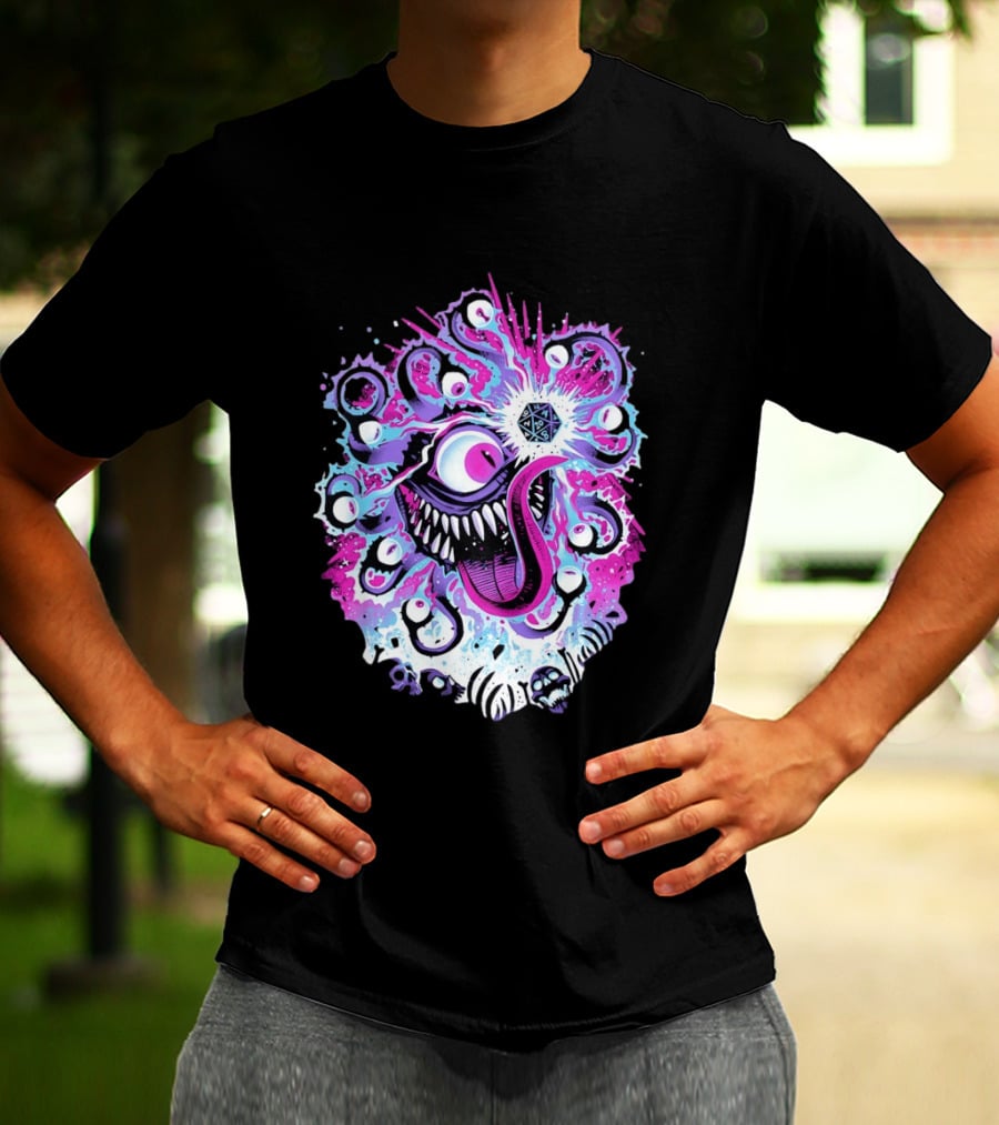 Beholder Dungeons And Dragons Eye Tyrant Illustration With D20 Dice And Psychedelic T-Shirt